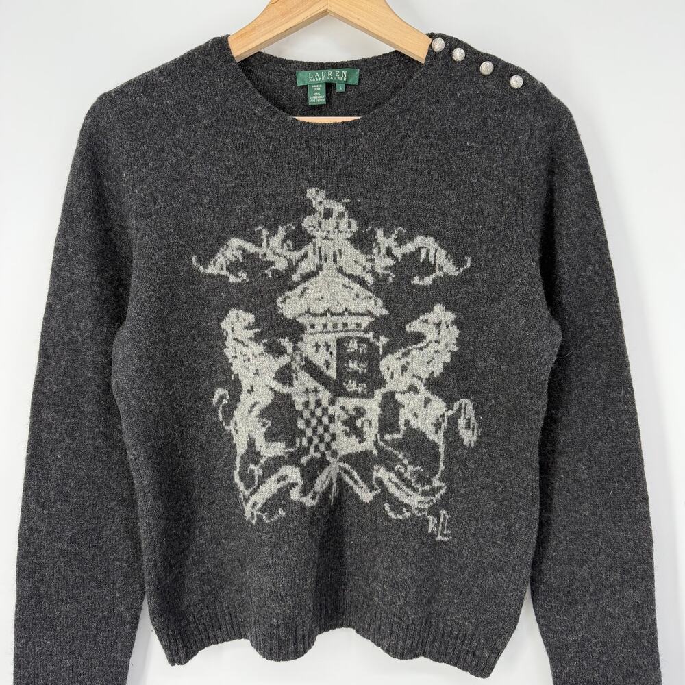 Ralph Lauren Coat of Arms Sweater Lion Horse Wool Crew Neck Button Shoulder